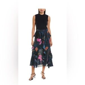 Ted Baker London Knit Bodice Midi Dress with Floral Ruffle Skirt Navy 6 (US 14)
